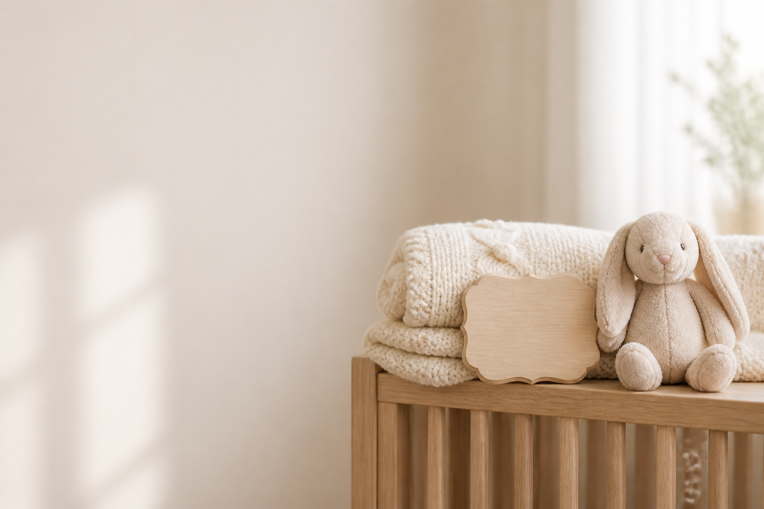 A cream knitted baby blanket folded on a crib rail with a small wooden keepsake sign and a plush bunny